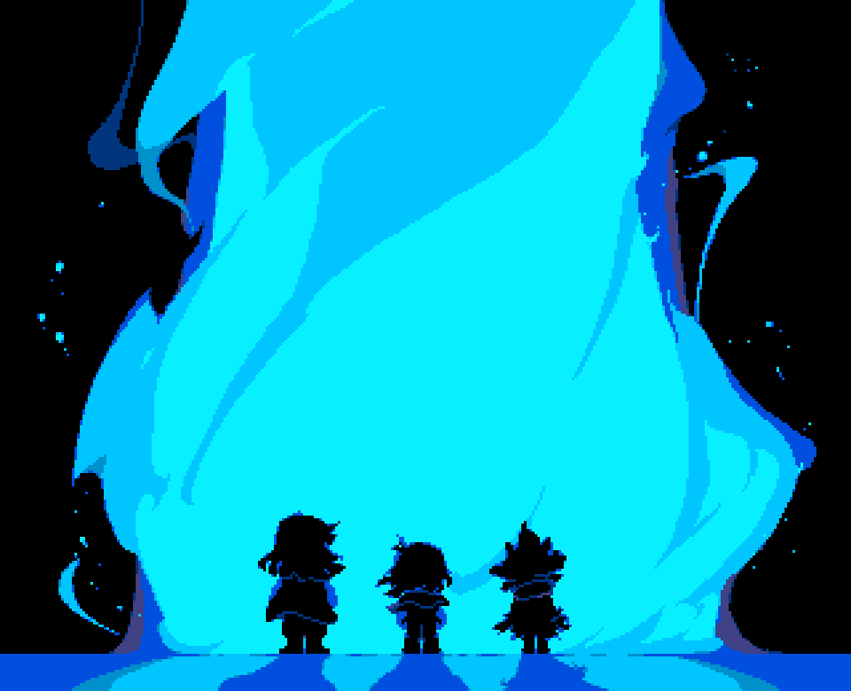 Silhouettes of Susie, Kris, and Ralsei standing in front of a fountain